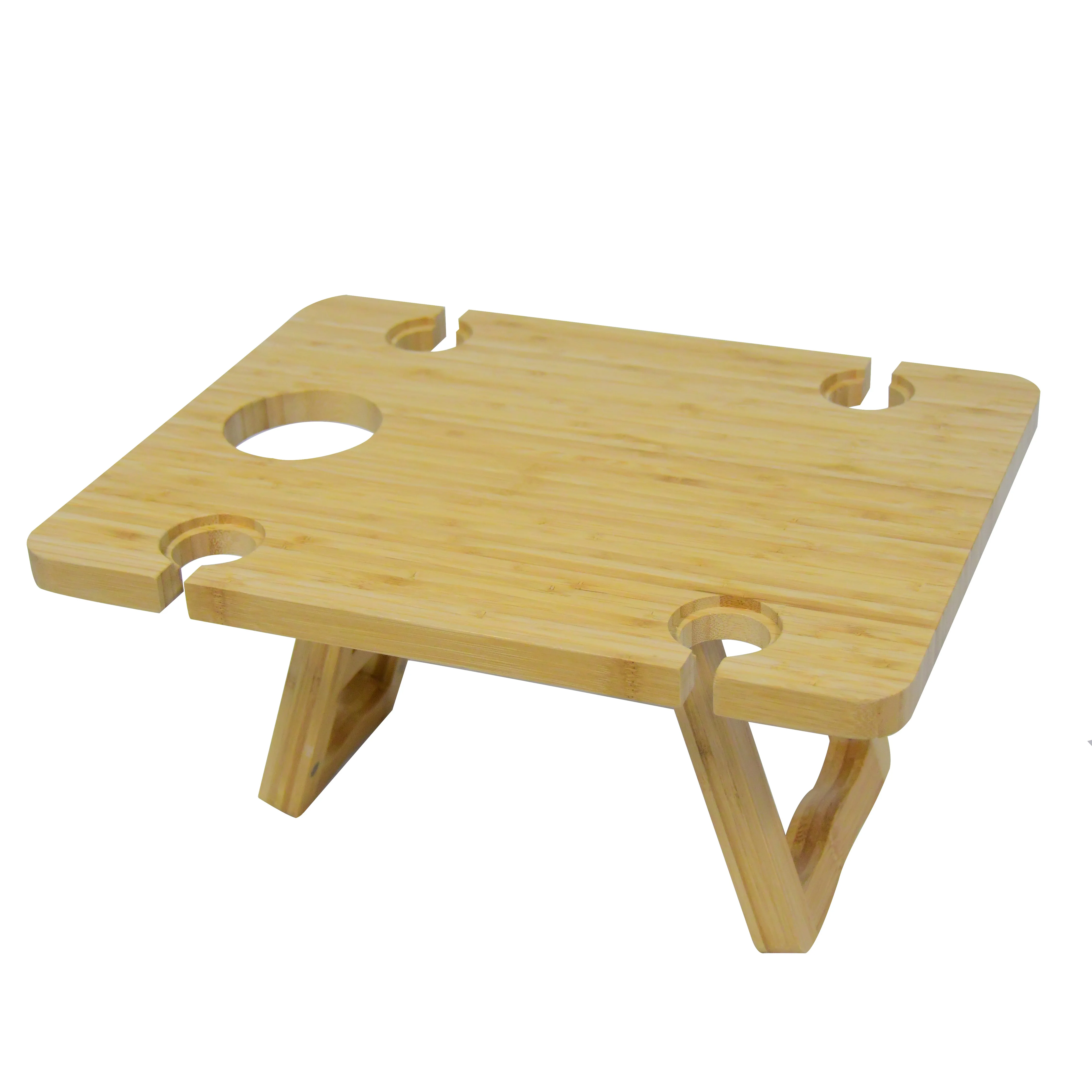 Portable Wine Picnic Table - Premium Natural Bamboo Folding Charcuterie Meat and Cheese Tray with Bottle and Four Glass Holder