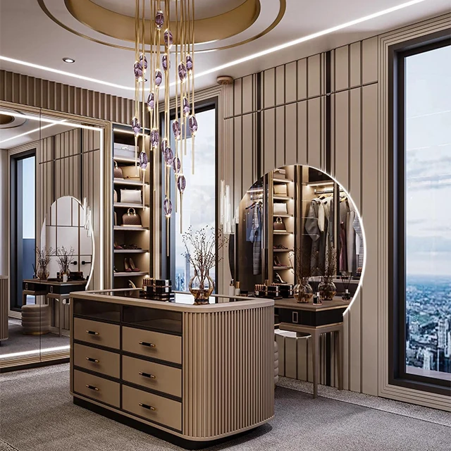 2024 мебель для спальни модульный деревянный современный дизайн гардеробные шкафы с островом хранения одежды