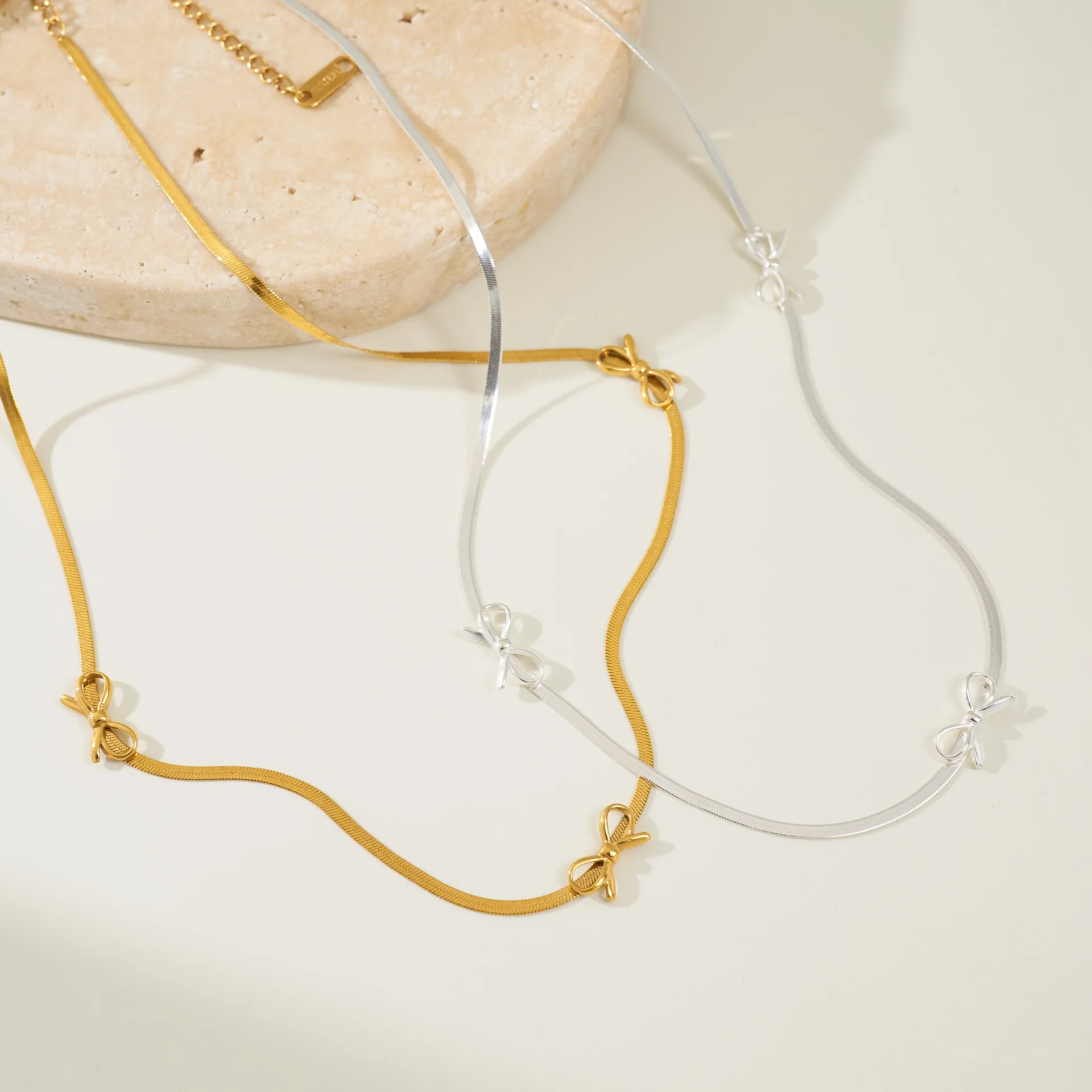 Non tarnish stainless steel gold plated bow bracelet anklet necklace for women