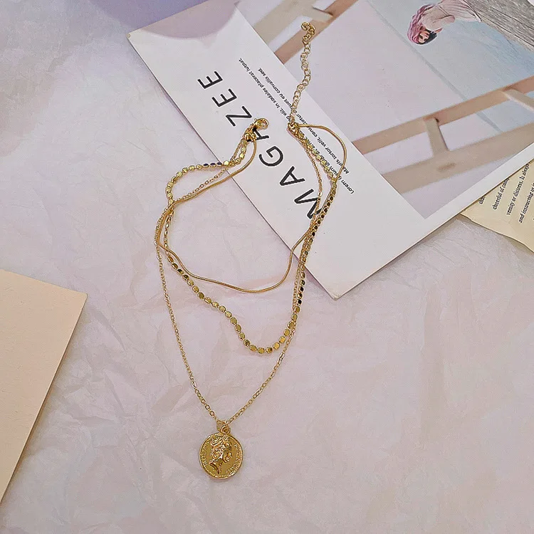 2020 fashion three layer coin gold pendant necklace
