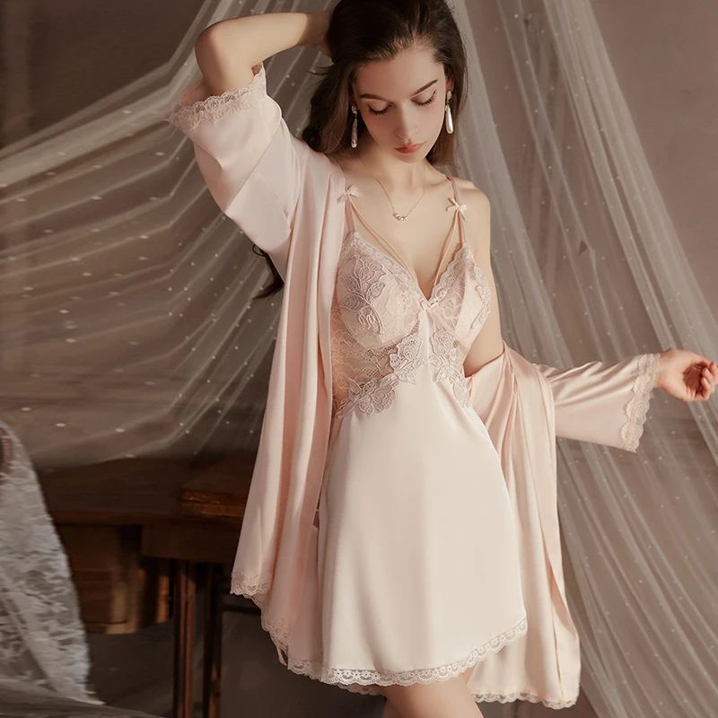 Summer pajamas women sexy chest pad backless suspender silk satin nightgown bath robe home wear suit 4372