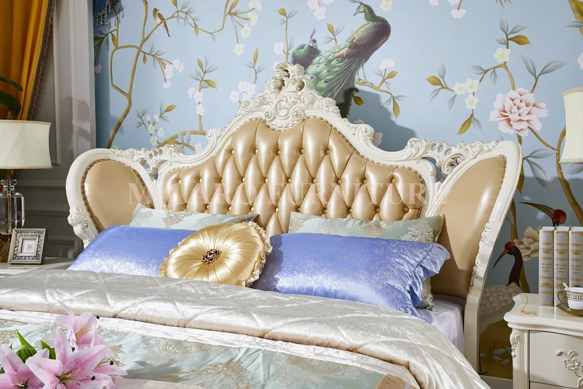 white color French classic design wooden carved leather bed