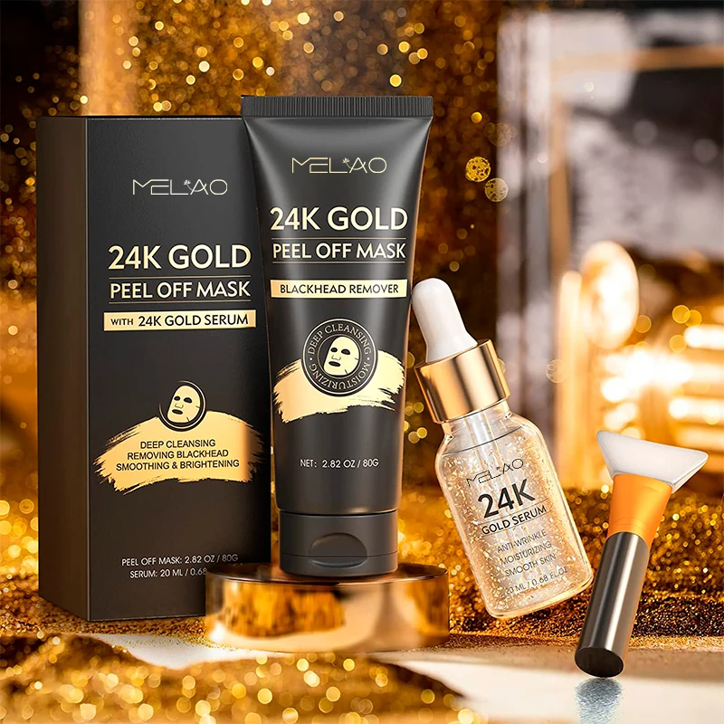 24K Gold Deep Cleansing Diets Pores Oily Peeling Mask Blackhead Remover Peel Off Face Mask with Brush Serum