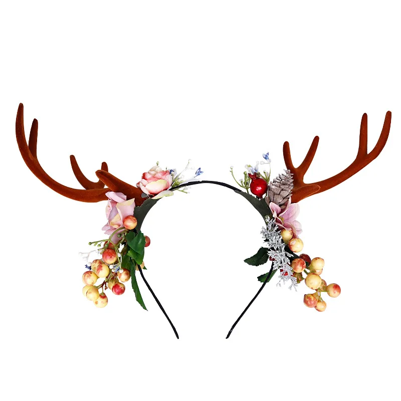 Wholesale Christmas Decoration Deer Horns Headdress Forest Cat Ear Headband Flowers Elk Hair Band