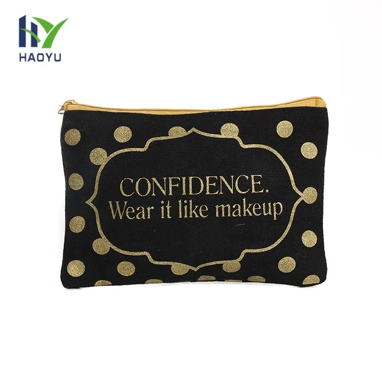 custom gold printing canvas makeup bag with zipper