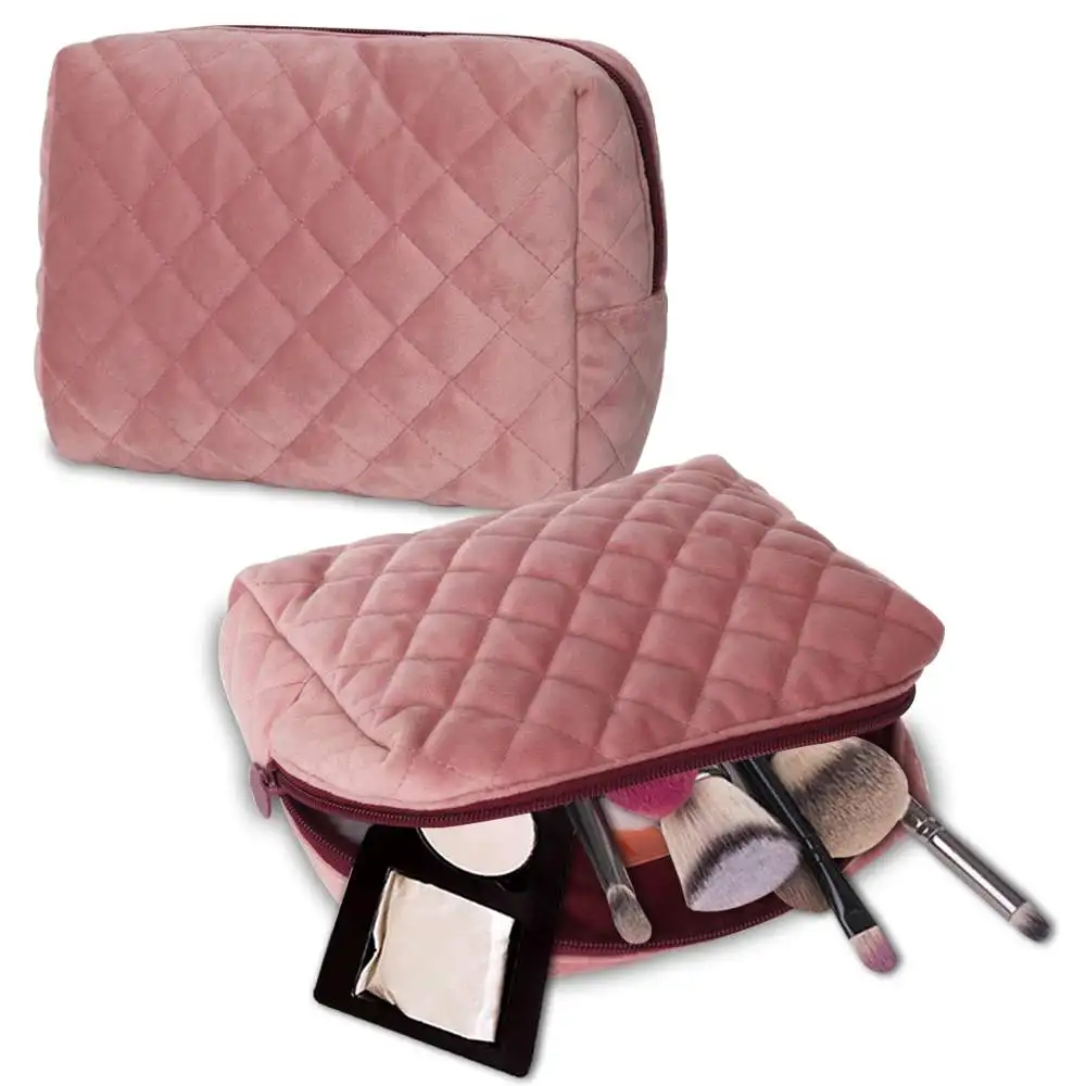 Portable Soft Diamond Lattice Toiletry Travel Beauty Women Girls Makeup Pouch Custom Velvet Pink Cosmetic Bag