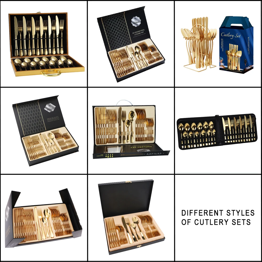 36 Pcs 1010 Gold Plated Cutlery Set With Wooden Box Stainless Steel Cutlery Set Spoon Knife Fork Set Modern Gold Flatware
