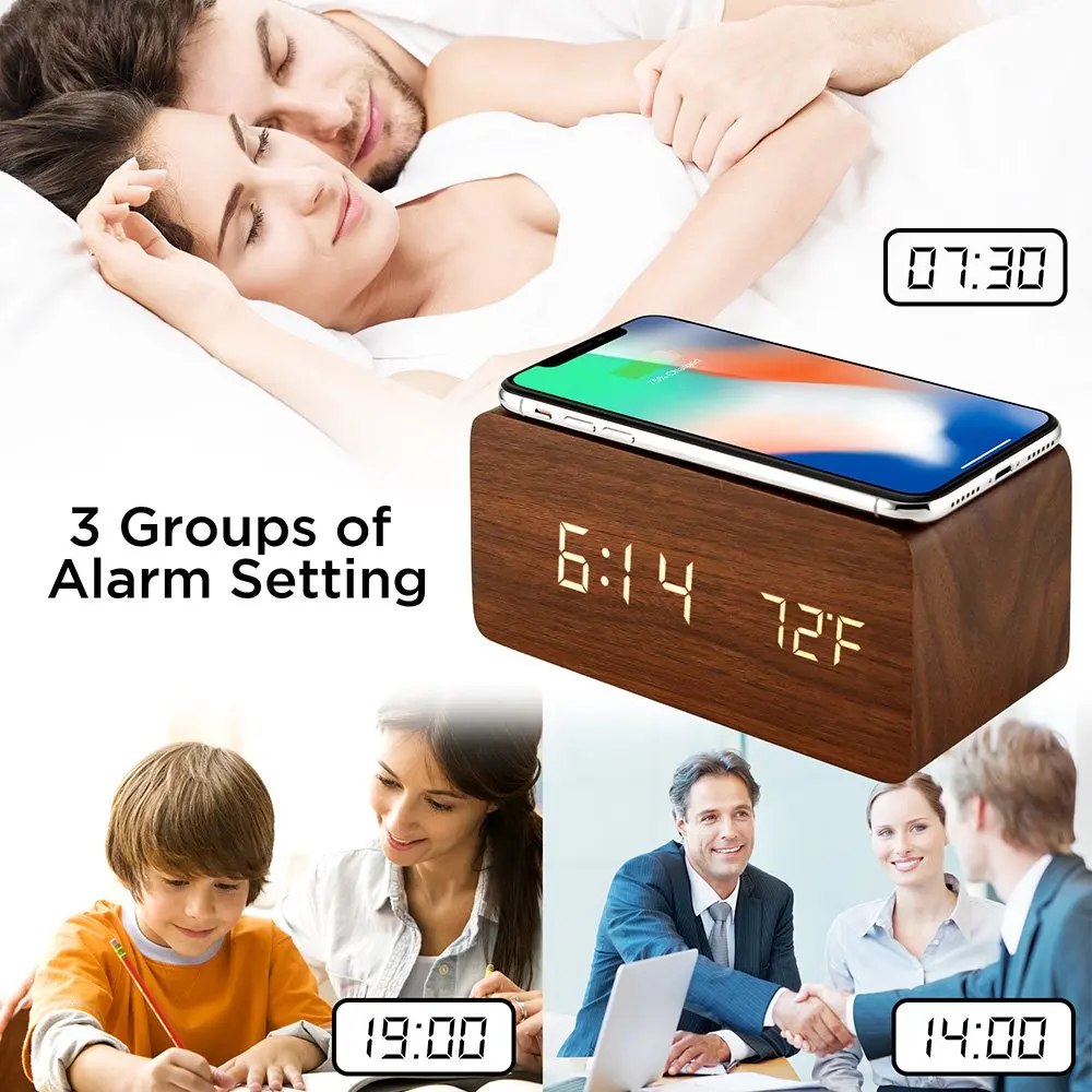 Factory Direct Led Alarm Clock Wifi  Wooden Digital Clock with Wireless Phone Charging