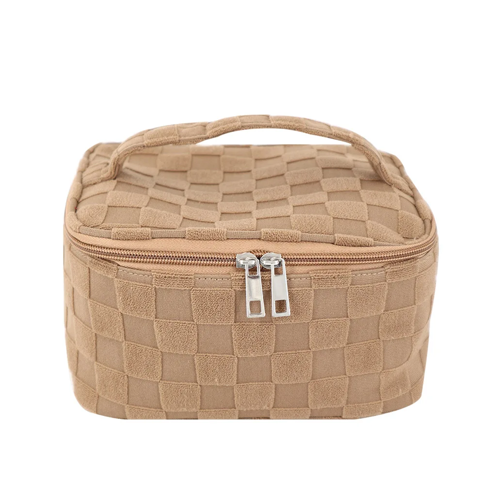 Factory Custom Logo Travel Large Capacity Checked Terry Cloth Cosmetic Toiletry Makeup Case Bag with Portable