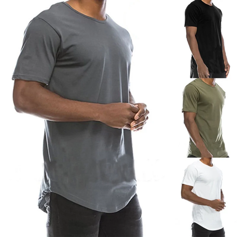 New Fashion Long Length plus size plus size t-shirts Men Cotton Plain Extra Long Curved Hem Scoop Bottom T Shirts