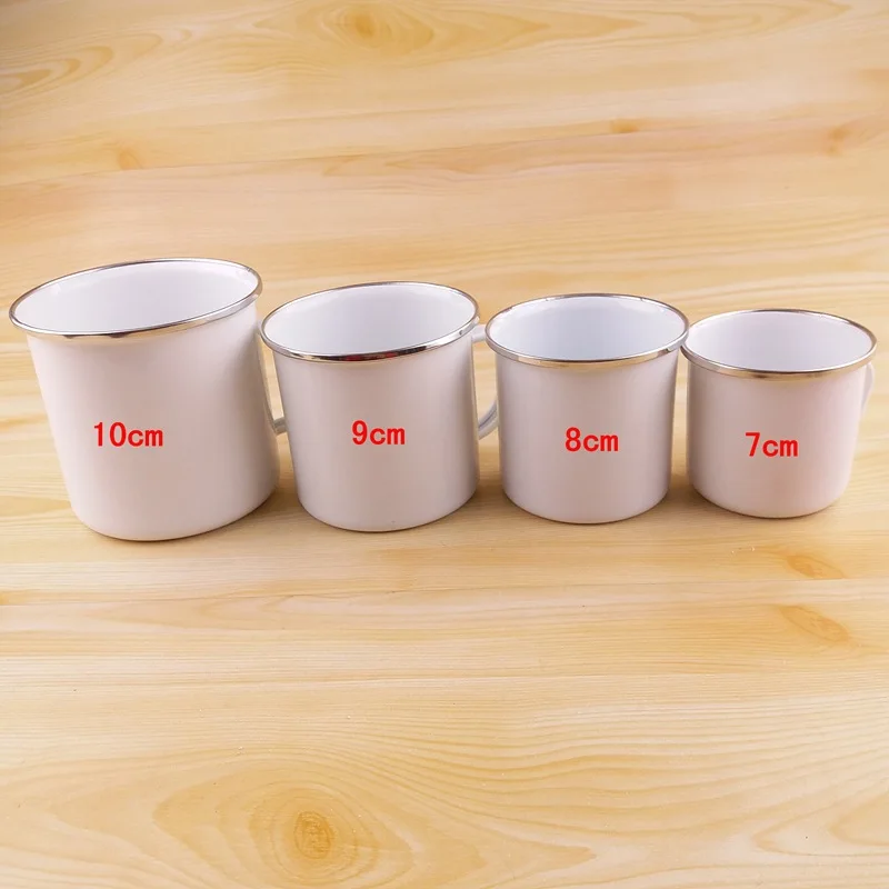 Custom logo enamel white mug, custom steel enamel camping mug, sublimation printing metal enamel cup