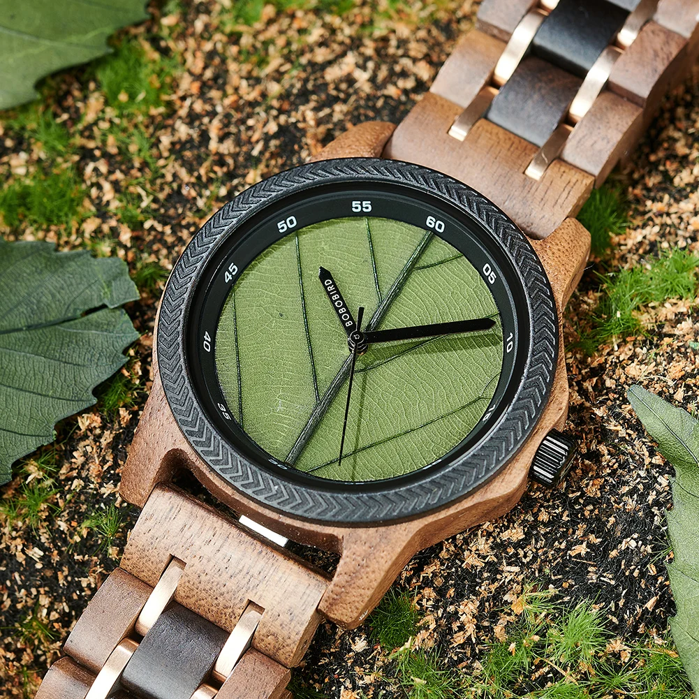 Handmade Luxury Wood Watch with Custom Logo 44mm round Dial and 22mm Band Charm Type with Pointer Display for Men