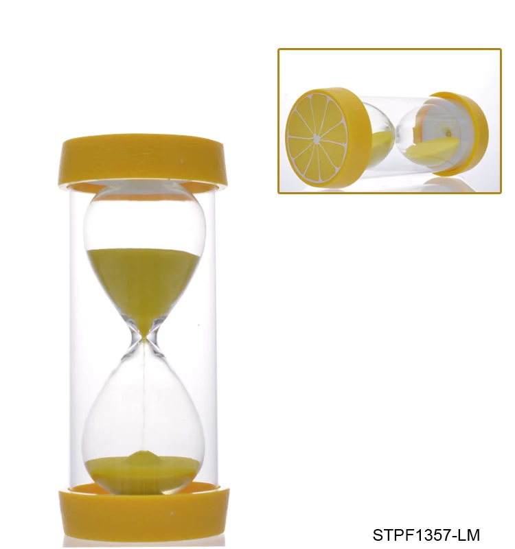 Plastic frame hourglass sand timer 15 mins glass sand timer with cute fruit photo on top and bottom