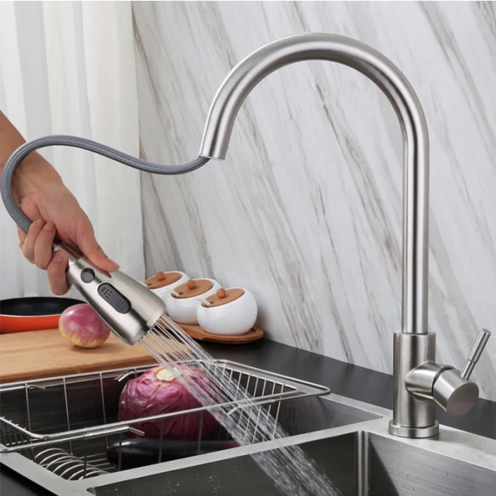 High Quality Stainless Steel Ss 304 Body Brush Pull Out Kitchen Faucet
