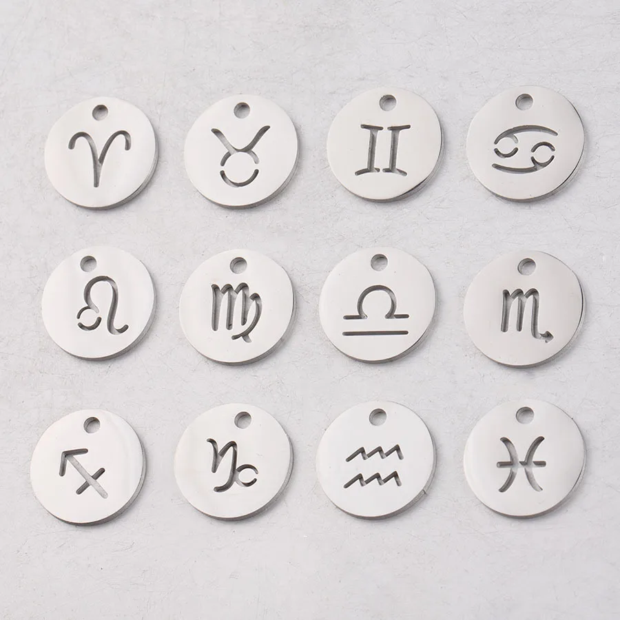 Wholesale Lucky Charm 12 Zodiac Constellations Sign Jewelry Stainless Steel Mirror Polished Pendant for Necklace Bracelet DIY