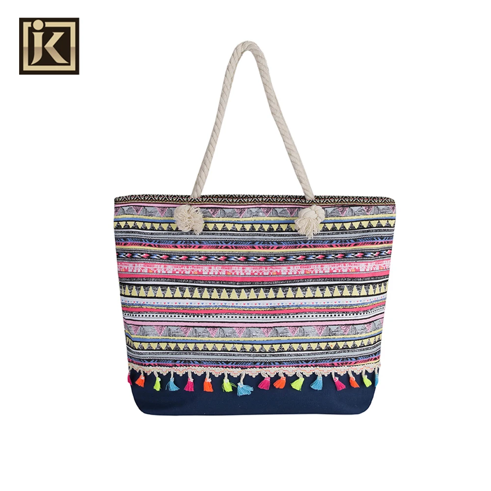 JAKIJAYI Bohemian National Tassel Soft Linen Handle Rope Bohe Beach Bag Travel