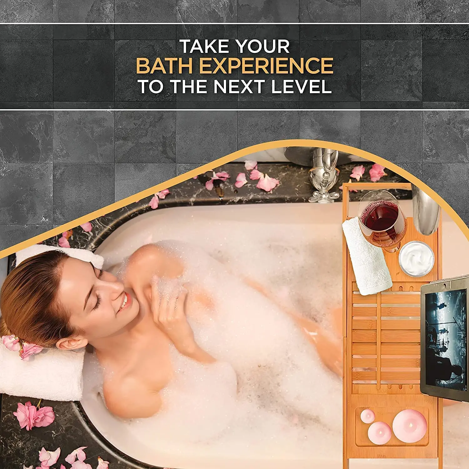 2024 Bamboo Bathtub Tray Expandable Bath Tub Caddy Tray Adjustable Organizer Tray for Bathroom Luxury Bath Bath Caddy Tub Table