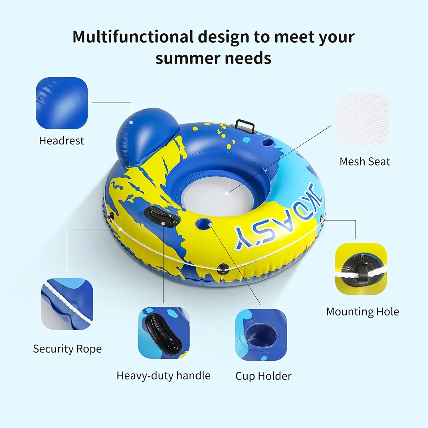 Inflatable Pool Floats to Lake and River, Outdoor Water Tube Sport Fun, with Handles, Cup Holder, Headrest