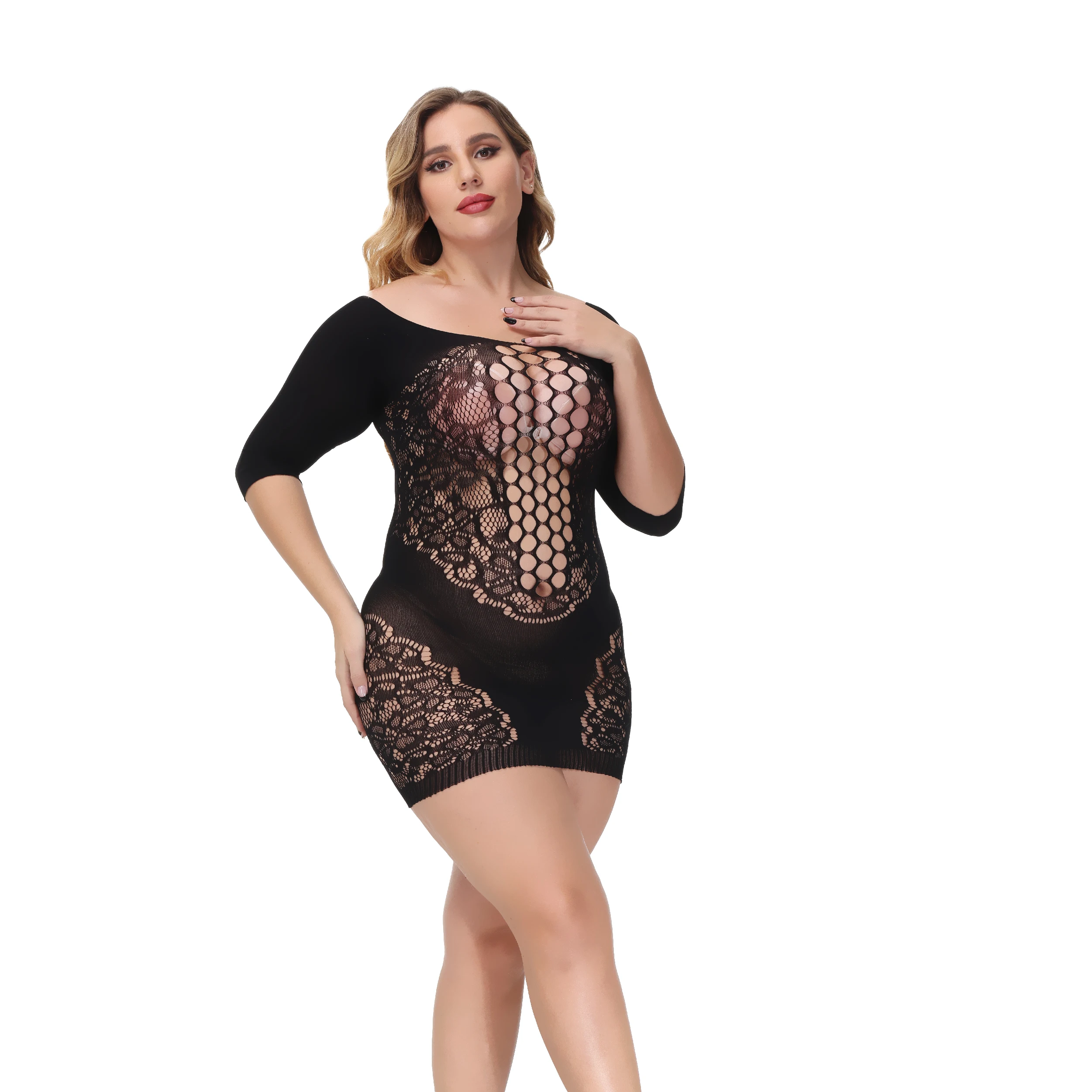 Hua Yi knitting Factory direct wholesale plus size Womens Fishnet Dress  Bodysuits hot sexy Design body stockings