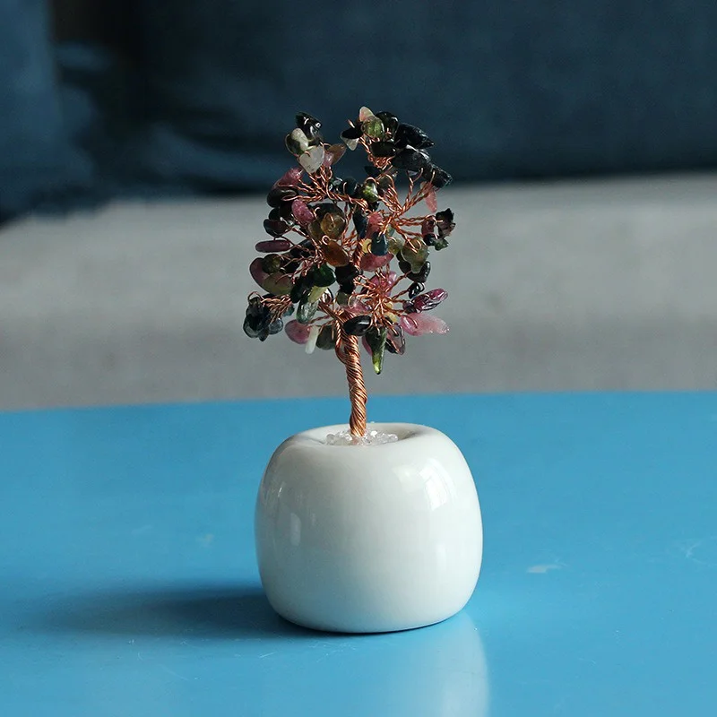 Rose Quartz Gemstone Healing Crystal Money Tree Copper Wire Wrapped on Natural Rose Quartz Base Ornament Feng Shui Luck Figurine