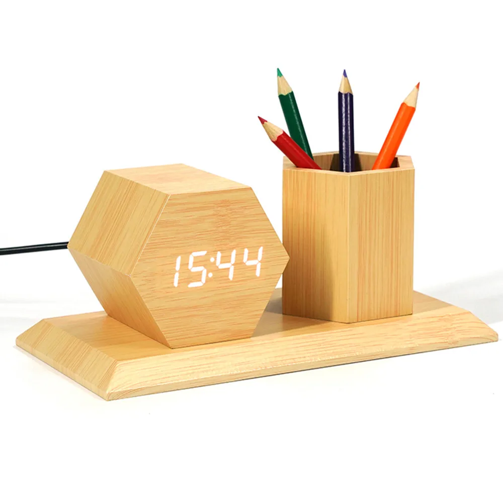 KH-WC077 Office Многофункциональный Электронный Цифровой температурный дисплей стол настольная деревянная подставка для ручек с светодиодные