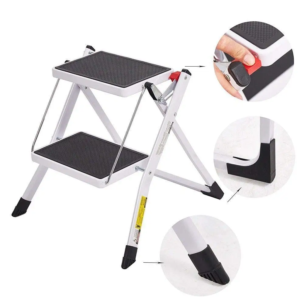2 Step Ladder Folding Step Stool Steel Ladder Sturdy and Wide Pedal Mini-Stool