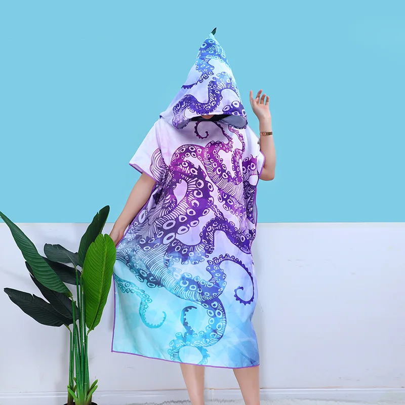 Custom Microfiber printed adults hooded towel surf poncho changing robe swimming pool change beach surf poncho towel