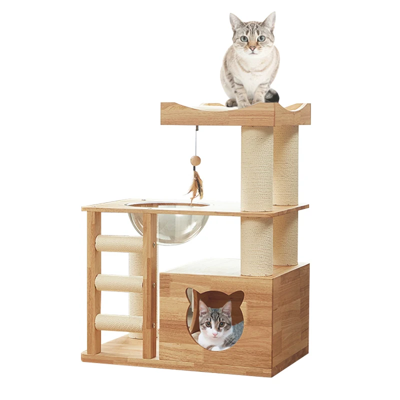 Large Cat Tree & Scratcher Climbing Frame for Feline Enjoyment Made Paper Plastic Rubber Solid Wood Feather Leather