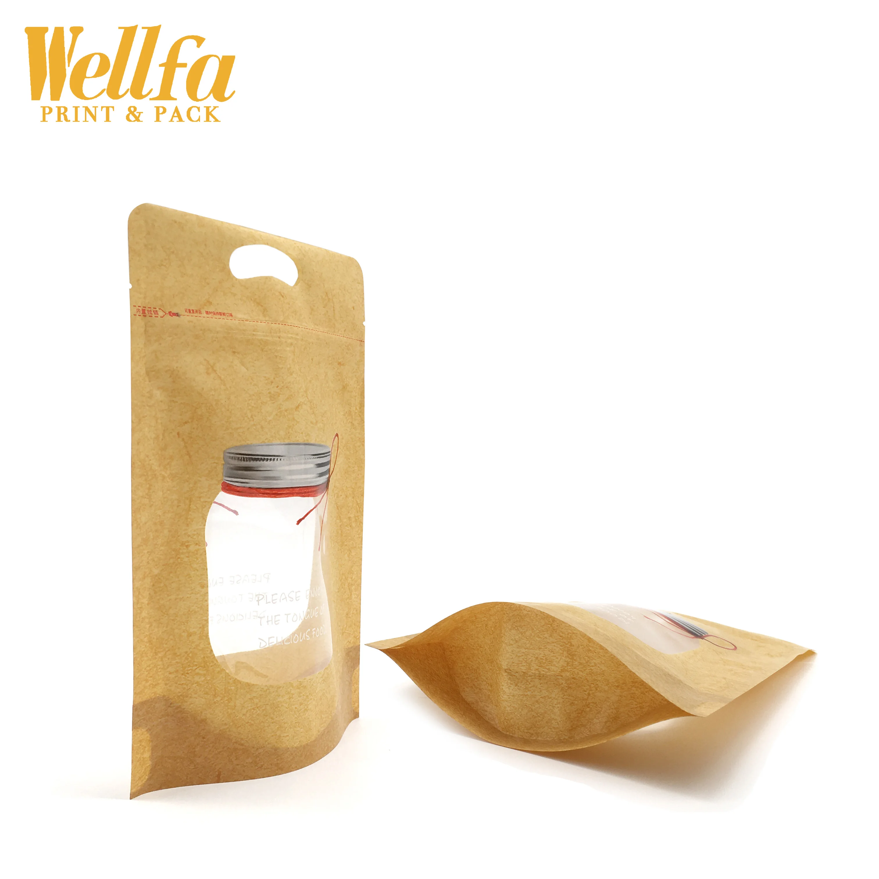 OEM Factory Custom Print Transparent Bottle Shape Stand Up Kraft Paper Zipper Stand Up Kraft Paper Pouch Bag With Window