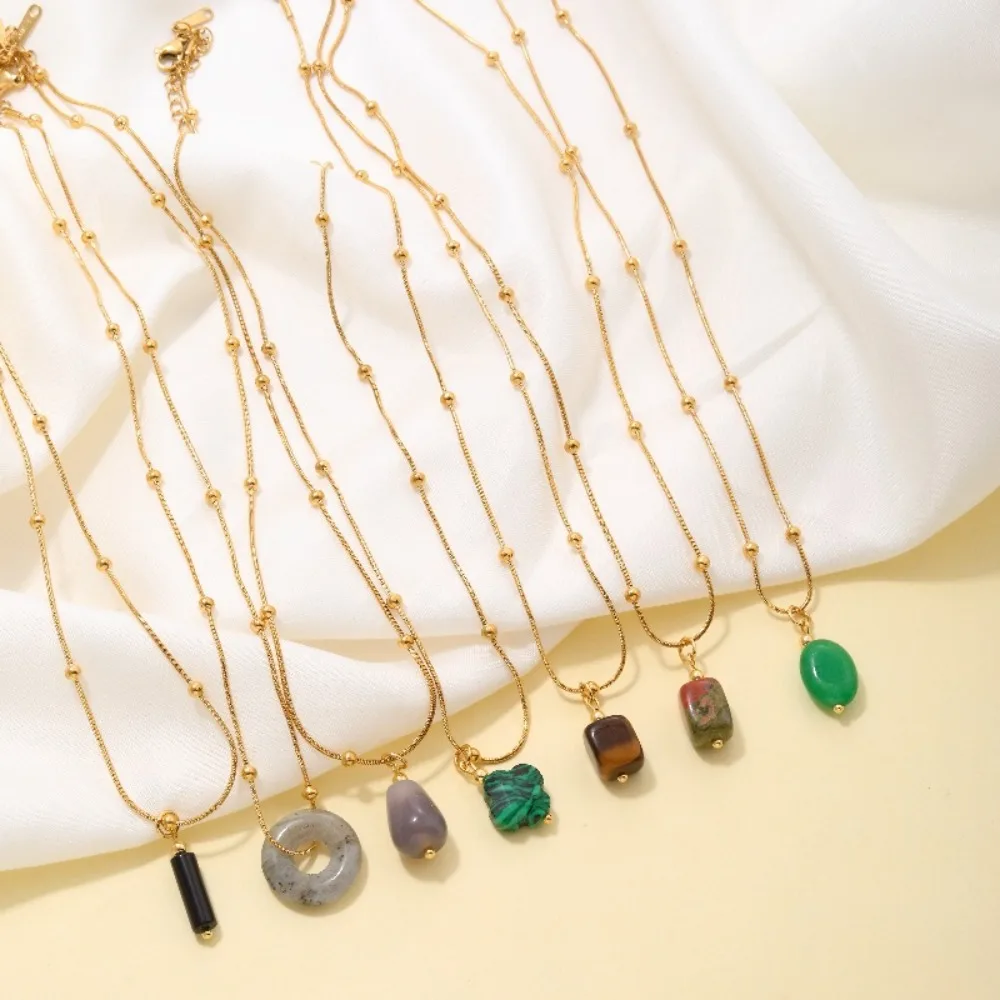 Gemstone pendant stainless steel necklace design fashion natural healing crystal gem stone pendant necklace jewelry for women