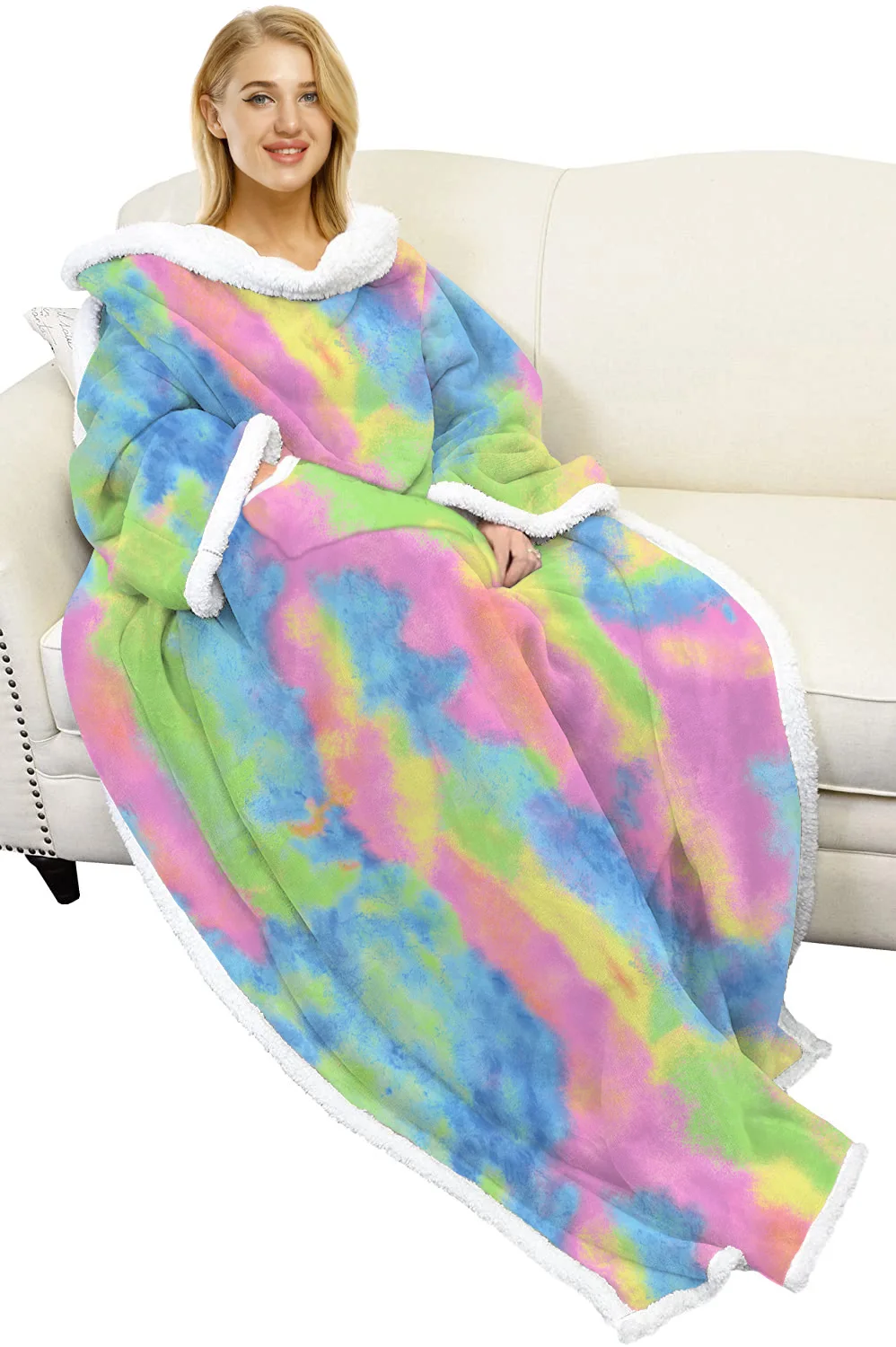 New fashionable unisex extra thick fleece blankets panda long sleeve huge long length wearable blankets pajamas
