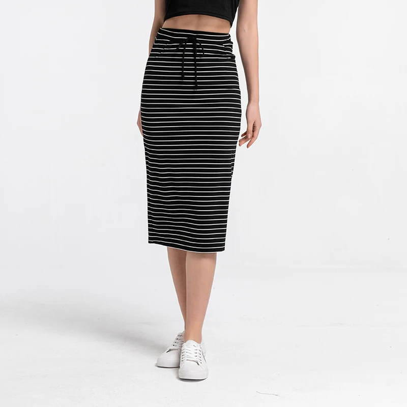 Женская юбка-карандаш до колен, эластичная длинная юбка в полоску со средней талией и шнуровкой