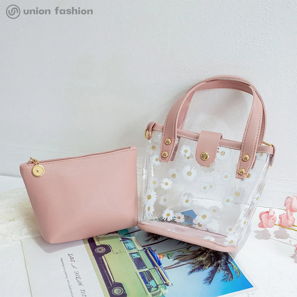 
Hot Selling Women Clear PVC Daisy Print Shoulder Crossbody Bucket Bags Handbags With 