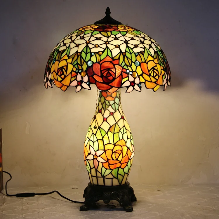 LongHuiJing Tiffany Style Table Lamp Rose Stained Glass Lampshade Desk Lights With Lighted Base 16Inch W x 25Inch Height