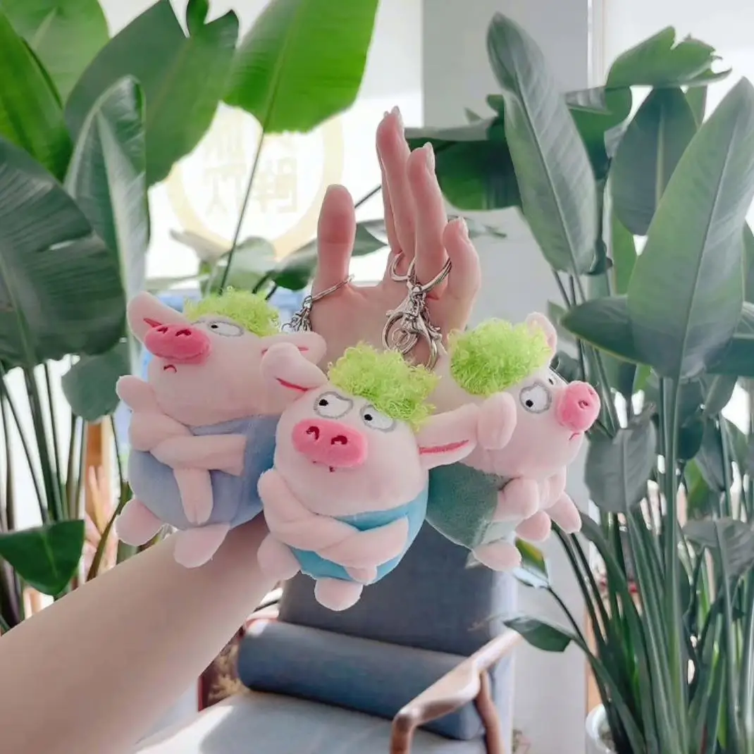 12cm Mini Cute Cartoon Plush Stuffed Keychains Toys Kawaii Animals Doll Funny Angry Green Hair Pig Keychain Bag charms Kids Gift