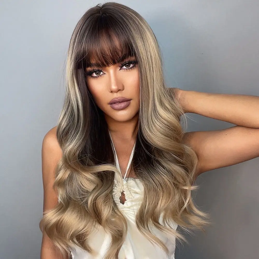 Stock Dark Brown Blonde Highlight Wigs with Bangs Long Water Wave Synthetic Wigs for Women Cosplay Daily Heat Resistant