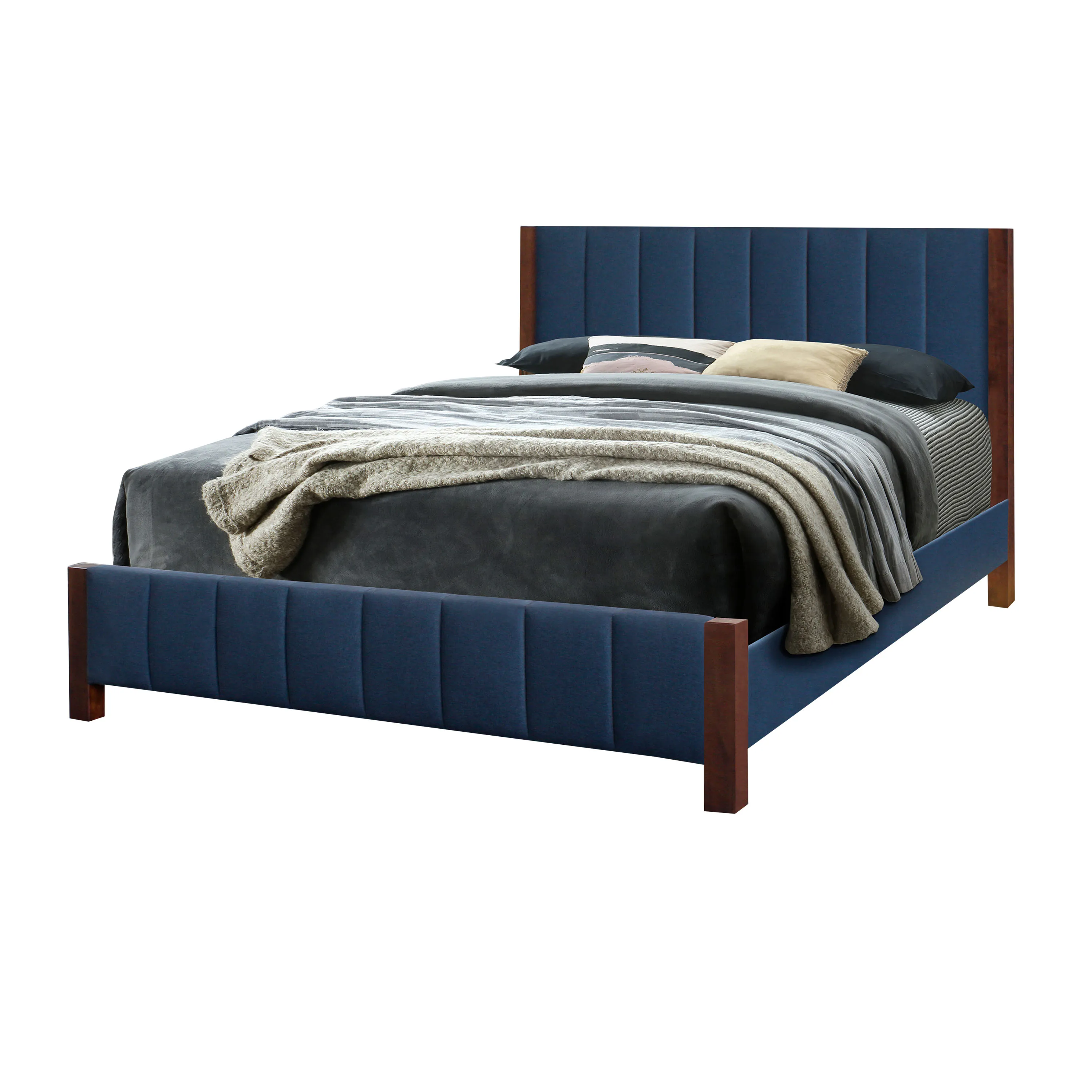Genesis Series Wholesale Factory Price Latest Solid Wood Leg Design Upholstered Linen Bed Blue Linen Full Size Made In Malaysia