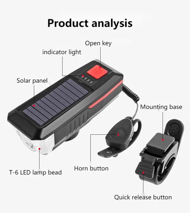Rechargeable Solar 2 in 1 Bike Front Lamp with Horn Waterproof Shakeproof 4 Work Modes