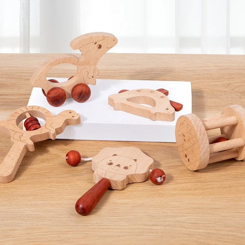 Infant Developmental Montessori Interesting Infant Wooden Hand Sensory Rattles Set Babe Rattle Toy