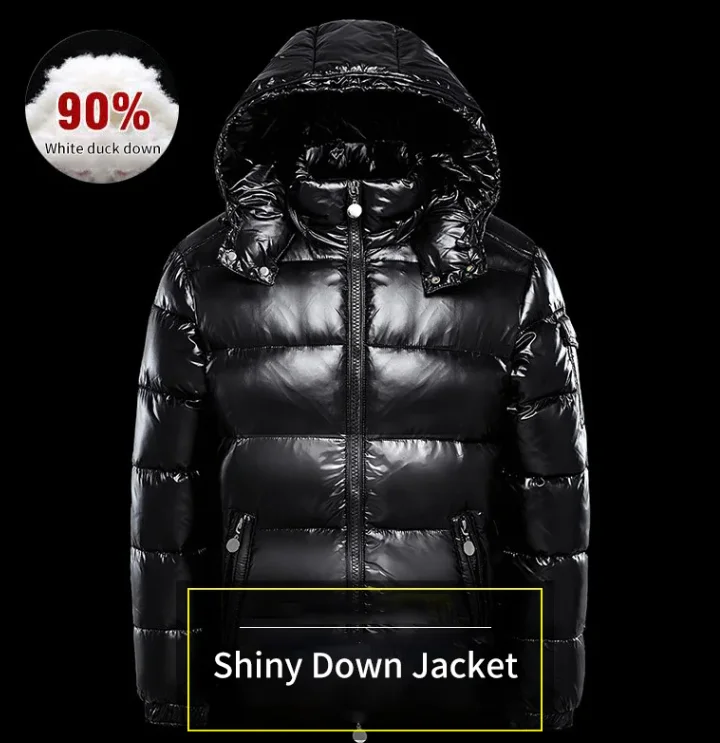 Hot Sales New Arrival Warm Shiny 90% White Eiderdown Black Gloss Large Size Down Jacket Hooded Thickened Short Puffer Jacket Men