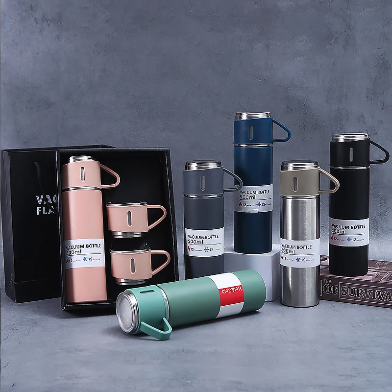 2023 Eco friendly Promotional Gift Custom Stainless Steel vacuum thermo cup Sport insulated Water Bottle Gift Sets with 3 lids