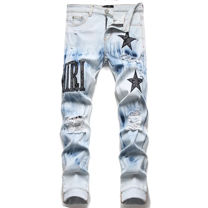 Fashion Streetwear Men Jeans Blue Color Paint Printed Jeans Men Designer Hip Hop Pants Slim Fit  Punk Style Designer Jeans
