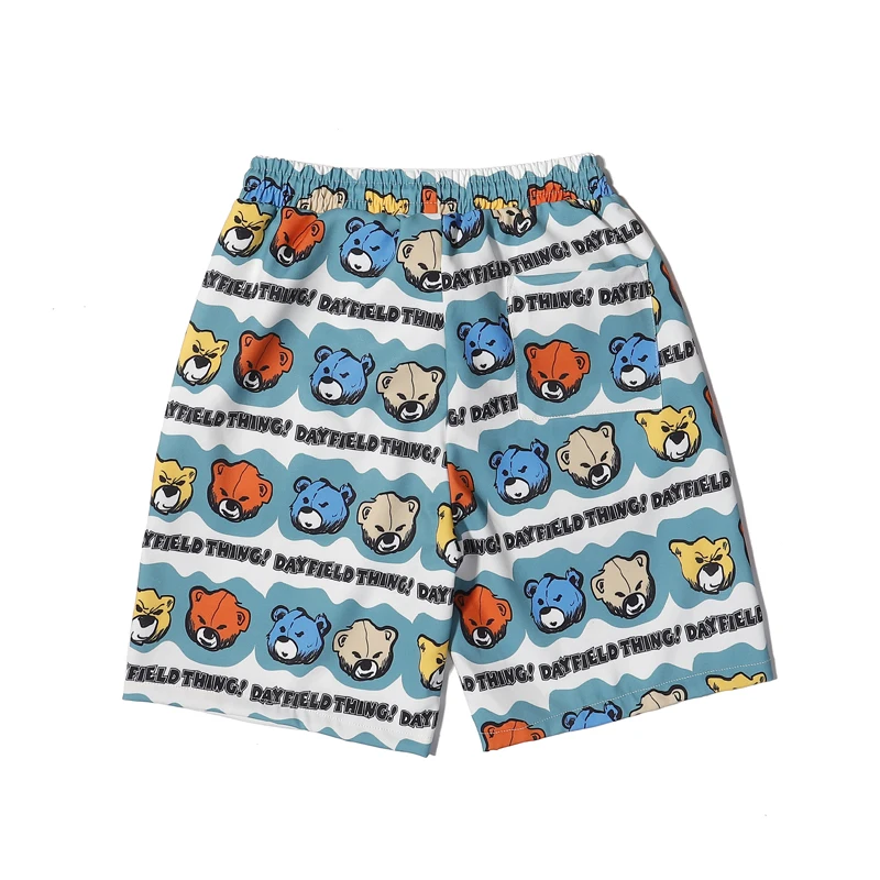 Street wear fashion Little bear print sweat shorts polyester stretch Quick dry stripe swimshorts men streetwear