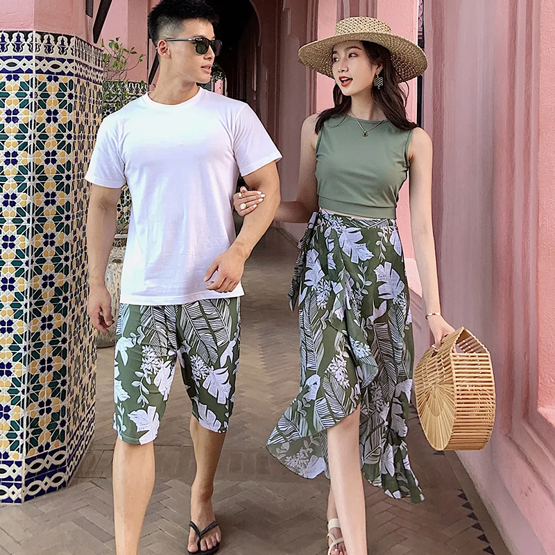 High Quality Couple swimsuit set lovers seaside holiday swimsuit couple swimwear  (one set including women skirt and men boxer)