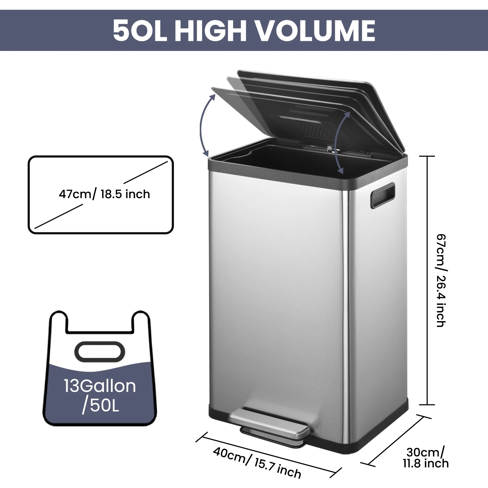 Sleek 50L 13 Gallon Kitchen Step Trash Can Durable Stainless Steel Waste Bin with a Silent and Soft-Close Lid for Modern Homes