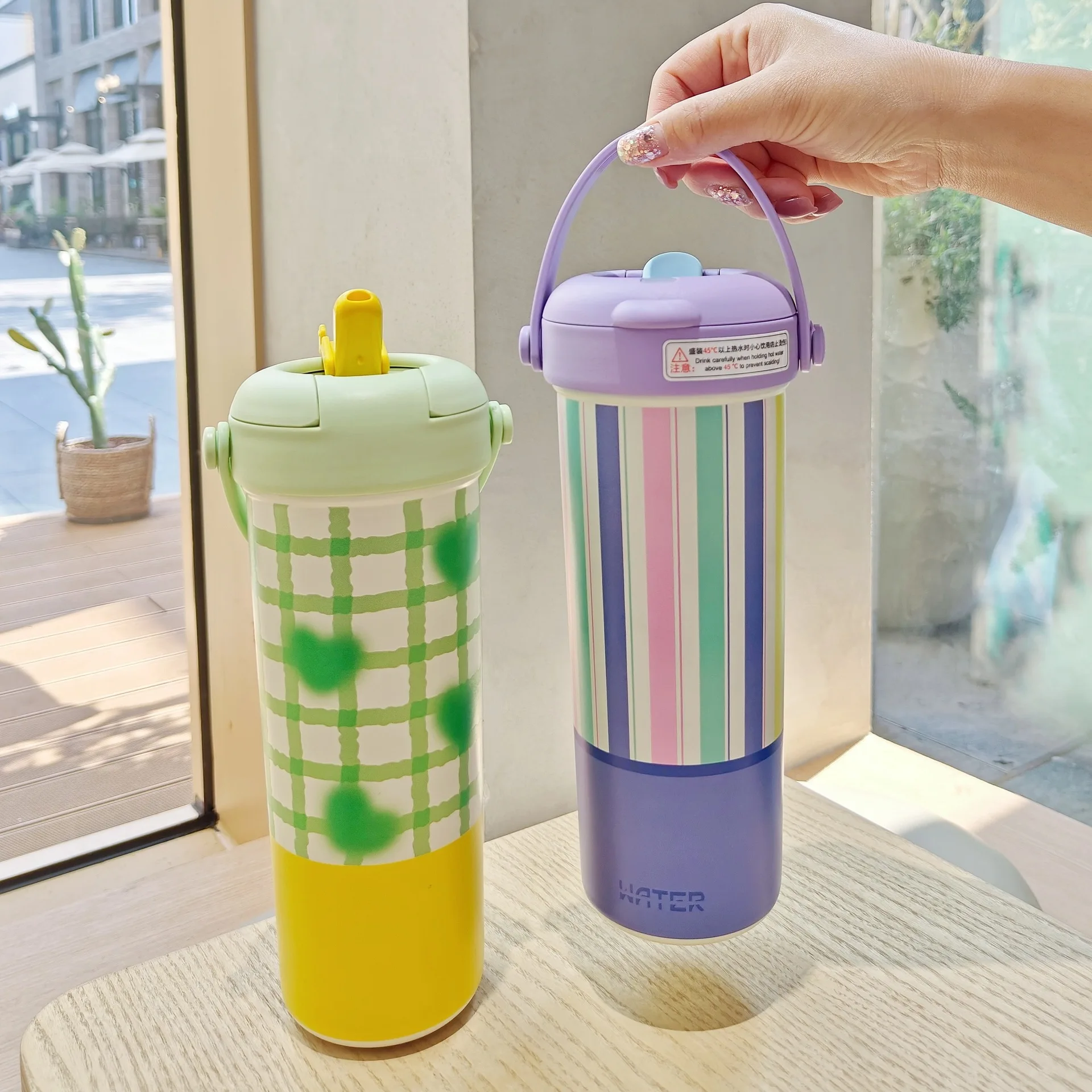 Seaygift Double drink flower tea cup plaid design vacuum insulated flask water bottle new thermal coffee tumbler mug