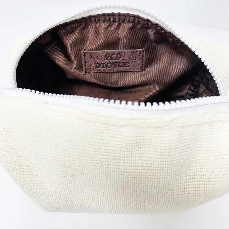 Eco friendly white RPET terry cloth makeup bags sustainable towel cosmetic pouch for women
