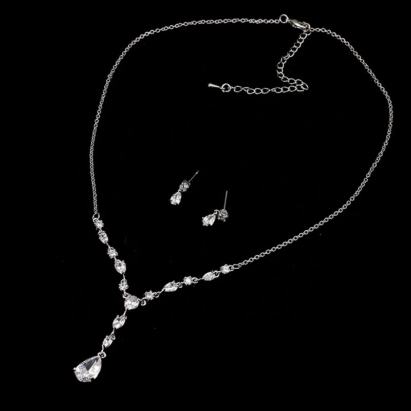 Elegant Women Wedding Jewellery Silver Plated Clear CZ Crystal Water Drop Diamond Bridal Necklace Earrings Jewelry Sets