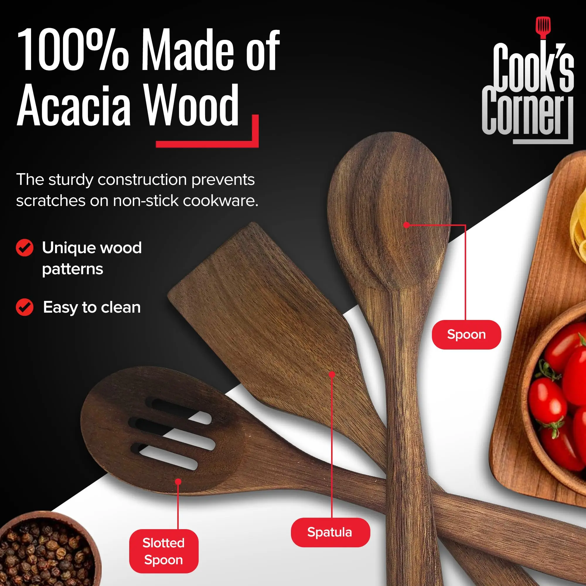 Wood 3 Pc Slotted Spoon Solid Spoon and Spatula in Sustainable Acacia Safe Non-stick Kitchen Utensils Set