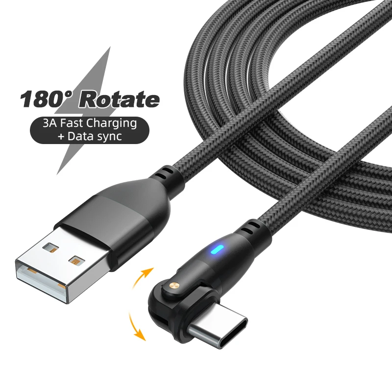180 Degree Rotating USB to Type C Charging Data Transfer Nylon Cable L Shape and Straight 2 in 1